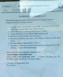 Lowongan Kerja PT Entek Separindo Asia Lowongan Kerja PT Entek Separindo Asia