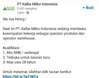 Lowongan Kerja PT Kalbe Milko Indonesia Lowongan Kerja PT Kalbe Milko Indonesia